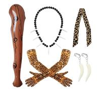 COWANIE 7 Pieces Caveman Costume Accessories Adult Kids-Cave Club Wild Inflatable Wooden Stick Leopard Headband glove Ivory Necklace earrings, earrings for Stone age Halloween Cave Costume