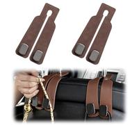 COWANIEE 2PCS Leather Car Seat Hooks for Headrest, Brown, 4 Hooks, 40 lbs Capacity, Classic Style