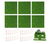 COWANIEE 6 Pcs Fake Grass Mat,15 x 15cm Artificial Mini Grass Mat with 4 Pcs Garden Fence, Life-like Fairy Fake Grass Mat Garden Micro Grasses, Miniature Ornament Dollhouse Decoration