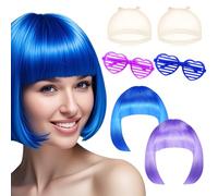 COWANIEE 6pcs Blue Purple Bob Wig and Sunglass Set, Neon Short Bob Wig Sunglass Set,colorful Cosplay Hairpieces for Bachelorette Neon Party Favors