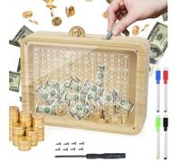 COWANIEE Transparent Wooden Money Box, 10000 Saving Challenge Box with 4 Erasable Pen Screwdriver Acrylic Counting Board for kids