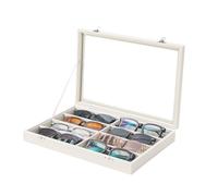 Coward Sunglass Organizer Tray Box, Beige Velvet Grids Eyeglasses Display Tray Case with Transparent Glass Lid for Home Use or Store Shop Selling Show