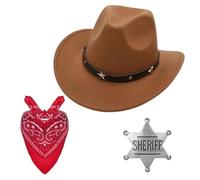 Cowboy Accessory Set - Star-Studded Cowboy Hat, Silver Sheriff Badge - 3-Piece Cowboy Ranger Sheriff Fancy Dress Costume Accessory Set (Brown)