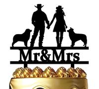 Cowboy and Cowgirl Wedding Cake Topper Romantic Bride and Groom With Shepherd Dog Cake Topper Funny Mr&Mrs Cake Topper For Wedding Anniversary Bridal Shower Praty Supplies
