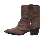 Cowboy Ankle Boots for Women, Womens Suede Fold Over Boots with Fringe Pointed Toe Block Heels Slouchy Ankle Boot Retro Western Cowboy Mid Calf Booties Tassels Dress Elegant Shoes Footwear Brown