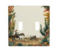 Cowboy Bathroom Double Light Switch Cover Plate, Western Rustic Cactus Horse Fall Green Plastic Standard Size Switch Plate Decorative for Home Living Room New Apartment Decor