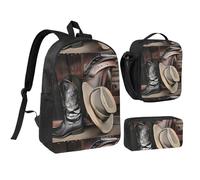 Cowboy Black Hat Western Boots 17 Inch Backpack Lunch Bag Pencil Case Set, Cute Print, Durable Oxford Cloth.