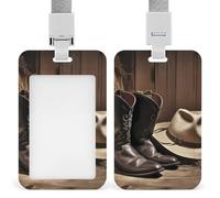 Cowboy Black Hat Western Boots Badge Holder with Lanyard - Waterproof Hard Plastic ID Card Holder Professional Name Tag Vertical ID Card Name Badge for Office Nurse Doctor Teacher