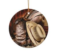 Cowboy Black Hat Western Boots Christmas Tree Ceramic Ornaments Pendants, 10cm Round Xmas Ornaments for Novel 1 Piece