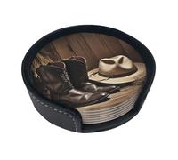 Cowboy Black Hat Western Boots Coasters For Drinks Set Of 6 Leather Tea Cup Coaster Drink Coasters For Cup Kitchen Bar Home Decor Housewarming Gift