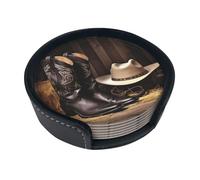 Cowboy Black Hat Western Boots Coasters For Drinks Set Of 6 Leather Tea Cup Coaster Drink Coasters For Cup Kitchen Bar Home Decor Housewarming Gift