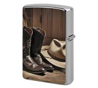 Cowboy Black Hat Western Boots Lighter Case Metal Protective Cover with Double-Sided Art Design, Cool Lighters Pouch Shockproof Lighter Cover for Men Women Gifts, Lighters Not Included