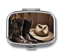 Cowboy Black Hat Western Boots Pill Box 2 Compartment - Small Metal Medicine Organizer Portable Pill Case for Purse Pocket Travel Vitamin Organizer for Men Women, BPA-Free