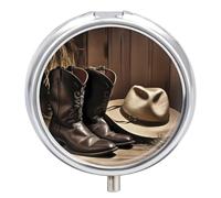 Cowboy Black Hat Western Boots Pill Box Medicine Pill Organizer 3 Compartment Daily Pill Case Small Pill Container Round Pill Holder Travel Pill Box Metal Pill Case for Purse Pocket