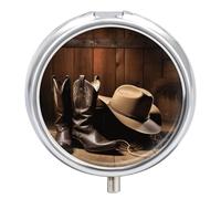 Cowboy Black Hat Western Boots Pill Box Round Portable Small Pill Case Waterproof Travel Pill Box Organizer for Pocket Purse and Daily Convenience