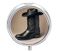 Cowboy Black Hat Western Boots Pill Box Round Portable Small Pill Case Waterproof Travel Pill Box Organizer for Pocket Purse and Daily Convenience