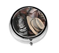 Cowboy Black Hat Western Boots Portable Round Pill Box, can fit into Wallet Pocket Lightweight 3 Compartment Pill Box, Carry Pill Box with You