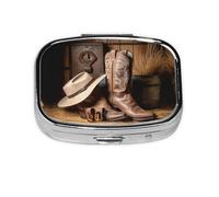 Cowboy Black Hat Western Boots Print Pill Box 2 Compartment Medicine Pill Case,Portable for Pocket Or Purse Pill Box Decorative Metal Medicine Organizer