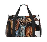 Cowboy Black Hat Western Boots Print Womens Sports Bags Travel Bag - Gym Tote Bag with Compartment,Duffel Bags for Men,Ladies Holdall,Carry On Weekend Travel Handbags for Women
