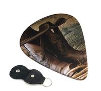 Cowboy Black Hat Western Boots Printed Guitar Picks, 6 Pack with Leather Keychain Pick Holder - 0.46mm, 0.71mm, 0.96mm Assorted Thickness for Acoustic Ukulele, Electric Guitar, Acoustic Guitar, Bass