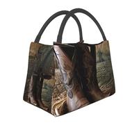Cowboy Black Hat Western Boots Printed Insulated Lunch Bag - Portable Lunch Tote Bag For Men & Women - Large Capacity Cooler Bento Bag For Work, Picnic, Travel