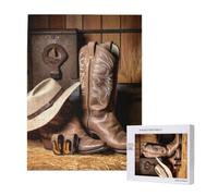 Cowboy Black Hat Western Boots Printed Jigsaw Puzzle with Storage Box, Wooden Puzzle for Adults and Kids, 500 Pieces Family Fun Decorative Game