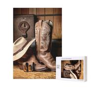 Cowboy Black Hat Western Boots Printed Jigsaw Puzzle with Storage Box, Wooden Puzzle for Adults and Kids, 300 Pieces Family Fun Decorative Game, 28x40 CM