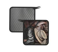 Cowboy Black Hat Western Boots Printed Square Silicone Hot Mat (7.1 inches) - Suitable for Frying Pans, Ovens, Grills, Kitchen Tables