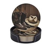 Cowboy Black Hat Western Boots Set of 6 Drink Coasters with Holder Leather Coasters Tabletop Protection Cup Mat for Bar Decorate Cup pad for Coffee Table Kitchen Dining Room
