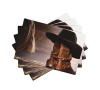Cowboy Black Hat Western Boots Style Linen-Look Placemats Set of 4 PCS, 45x30cm Heat Resistant Double Layer Washable Table Mats for Dining Table, Daily Meals & Outdoor Picnic