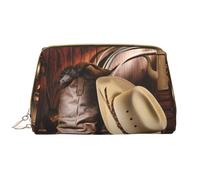 Cowboy Black Hat Western Boots Zipper Closure Leather Portable Waterproof Cosmetic Bag for Home Travel to Organize Toiletries Sundries