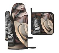 Cowboy Black Hat Western Bootsoven Glove And Pot Holder 3 Piece Set, &Heat Resistant And Insulated Kitchen Oven Gloves For Cooking.