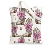 Cowboy Boot Canvas Tote Bags, Cute Western Style Reusable Shopping Bags, Vintage Chic Lightweight Washable Shoulder Strap C, White, 13x15 Inch