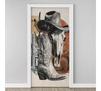 Cowboy Boot Hat Cow Skull Door Mural, Wild Western Desert Landscape Murals Stickers 90x200 cm, Retro 3D Door Stickers Vinyl Self-Adhesive Peel and Stick Bedroom Living Room Door Decoration A5j128