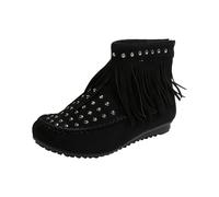 cowboy boot wellies womens Ankle Boots for Women Women's Western Cowboy Ankle Boots Suede Round Toe Flat Tassel Short Winter Heel Wide Fit Wedge Shoes Warm womens steel toe cap trainers Black 4.5