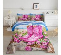 Cowboy Boots Comforter Set Single,Southwest Style Cowgirl Bedding Set for Kids Girls Boys Room Decor,Blooming Floral Soft Duvet Insert for All Season,1 Pillowcase,Dark Purple Green