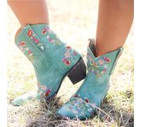 Cowboy Boots,Cowboy Boots for Women,Vintage Ethnic Cowboys,Boots for Women Boho Retro Flower Embroidered Pointed Toe Leather Western Boots,Bohemian Chunky Low Heels Wide Mid Calf Booties for Dress