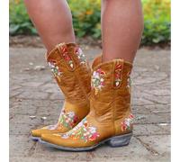 Cowboy Boots,Cowboy Boots for Women,Vintage Ethnic Cowboys,Boots for Women Boho Retro Flower Embroidered Pointed Toe Leather Western Boots,Bohemian Chunky Low Heels Wide Mid Calf Booties for Dress