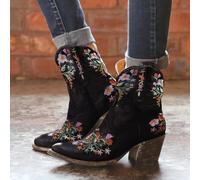 Cowboy Boots,Cowboy Boots for Women,Vintage Ethnic Cowboys,Boots for Women Boho Retro Flower Embroidered Pointed Toe Leather Western Boots,Bohemian Chunky Low Heels Wide Mid Calf Booties for Dress
