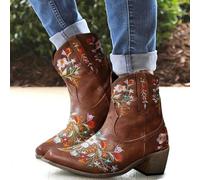 Cowboy Boots,Cowboy Boots for Women,Vintage Ethnic Cowboys,Boots for Women Boho Retro Flower Embroidered Pointed Toe Leather Western Boots,Bohemian Chunky Low Heels Wide Mid Calf Booties for Dress