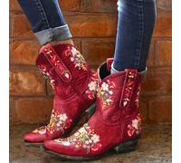 Cowboy Boots,Cowboy Boots for Women,Vintage Ethnic Cowboys,Boots for Women Boho Retro Flower Embroidered Pointed Toe Leather Western Boots,Bohemian Chunky Low Heels Wide Mid Calf Booties for Dress