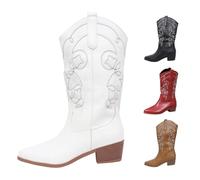 Cowboy Boots Cowgirl Western Mid-Calf Boots Size 5.5 Ladies Comfortable Pull On Chunky Heel Pu Leather Embroidered Retro Riding Shoes for Theme Party Country Concert White