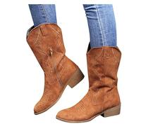 Cowboy Boots for Women Boho Embroidered Suede Wide Calf Western Boots With Side Zipper Bohemian Retro Chunky Low Heel Mid Calf Riding Footwear Dress Winter Shoes for Ladies Autumn Winter Spring