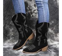 Cowboy Boots for Women Boho Embroidered Suede Wide Calf Western Cowgirl Boots With Side Zipper Bohemian Retro Chunky Low Heel Mid Calf Riding Footwear
