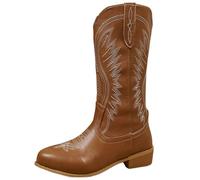 Cowboy Boots for Women,Cowgirl Boots Mid-Calf Chunky Heel Leather Embroidered Womens Western Boots Slip on Comfy Fashion Classic Country Riding Daily Festival Travel Autumn Winter Essentials Shoes