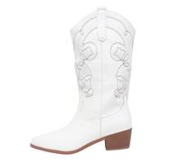 Cowboy Boots for Women - Cowgirl Western Mid Calf Boots with Embroidery Pointed Toe Retro Chunky Heel Slip On Fashion Classic Western Wedding Shoes Pull On (White, 7)