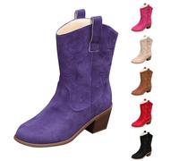Cowboy Boots for Women, Embroidered Cowboy Boots with Medium Calf, Low Heel, Fashionable Boots, Vintage Western Deep, Classic Cowboy Boots, Non-Slip Ankle Boots, Medium High Slip-On Boots, purple, 5