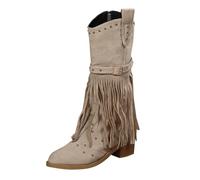 Cowboy Boots for Women Fashion Fringe Western Pointed Toe Cowgirl Boots Wide Calf Riding Chunky Heel Embroidered Boot(Beige,39)