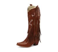 Cowboy Boots for Women Faux-Leather Mid-Calf Fringe Embroidery | Pointed toe,soft fleece lining,flowing fringe trim,geometric embroidery,6cm heel height,for festival travel date weekend