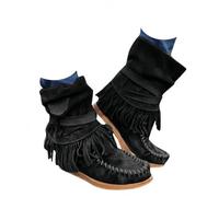 Cowboy Boots for Women Faux Suede Fringe Flat Ankle Western Cowgirl Boots | Fringe boots, vintage boho cowboy boots for women, tassel buckle strap lace-up faux suede winter wedge wide mid calf booties
